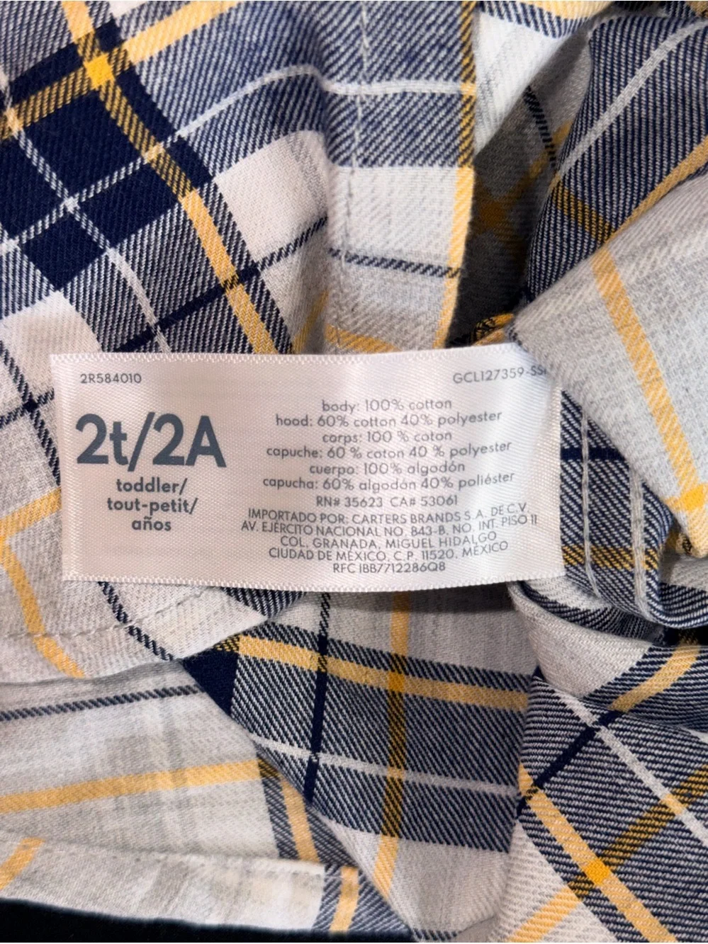 Carters Size 2T Plaid Hooded Button Up Long Sleeve Shirt Blue Yellow Gray NWT